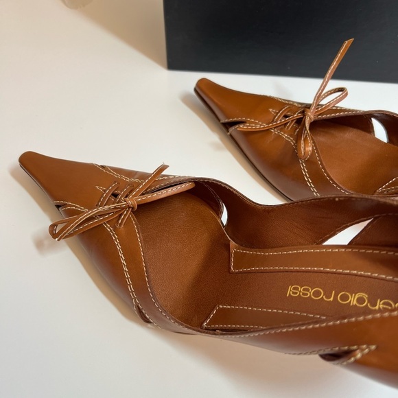 Sergio Rossi Tan Leather Pointed Toe High Wooden Stiletto Heels - Picture 6 of 15